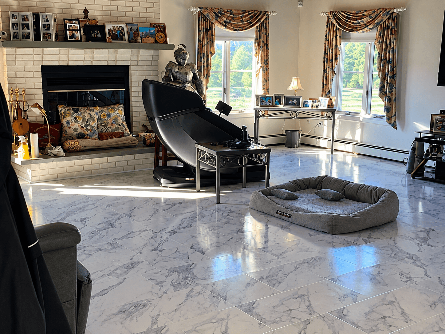 Marble-look floor installed in a sunlit living room